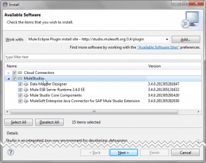 Screenshot of Eclipse Update Manager with Mule Eclipse Plugin Install Site