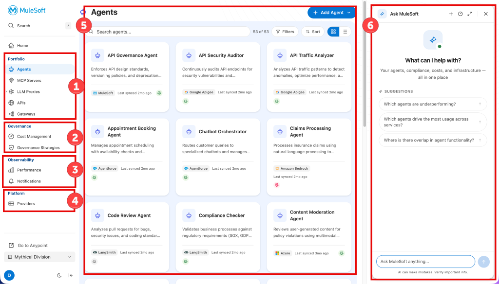 Alt text: A visual diagram of the MuleSoft Omni Gateway enhanced experience interface, highlighting the six core components: Portfolio, Governance, Observability, Platform, Main Display, and Embedded Chat.