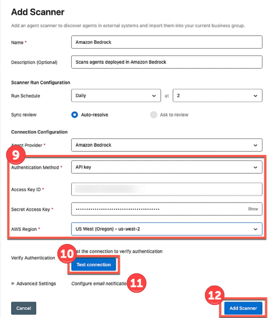 Scanner configuration of authentication and test connection