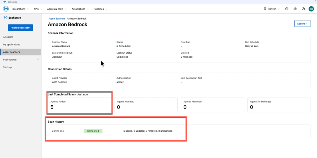 Scan overview shows that there were 5 agents added under the last completed scan section 