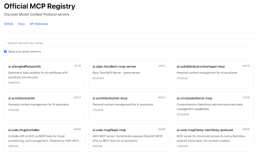 The Official MCP Registry's searchable catalog of community-contributed MCP servers