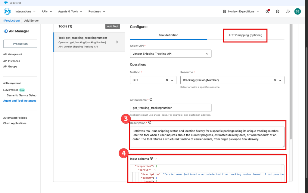 Alt: Screenshot of the Anypoint API Manager "Agent and Tool Instances" tab. A red box highlights the "Add" dropdown menu with the "MCP Bridge" option selected, which is described as a way to convert existing REST APIs into a new MCP server instance.