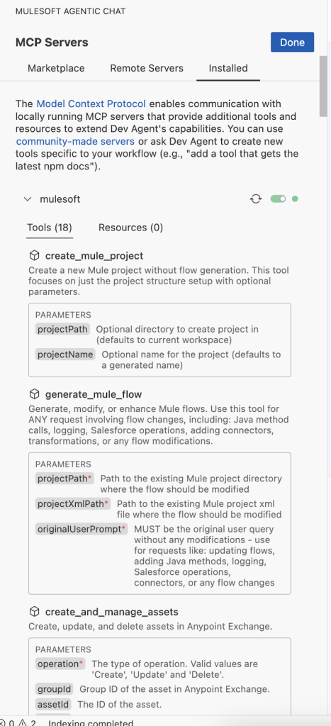 Installed MuleSoft MCP server exposing tools like create_mule_project and generate_mule_flow