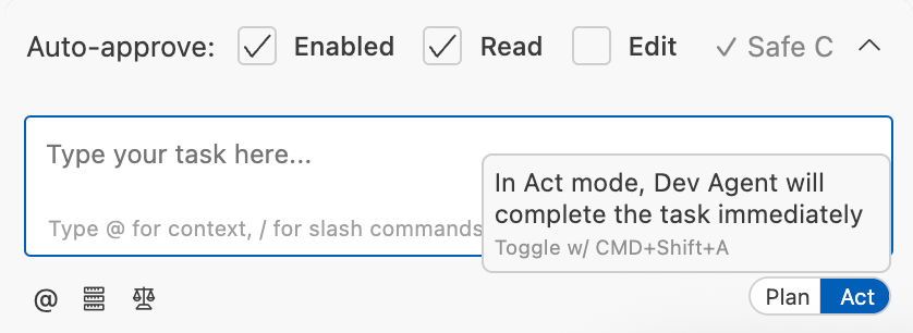 Auto-approve settings menu with toggles for read/edit, safe commands, and max request limits.