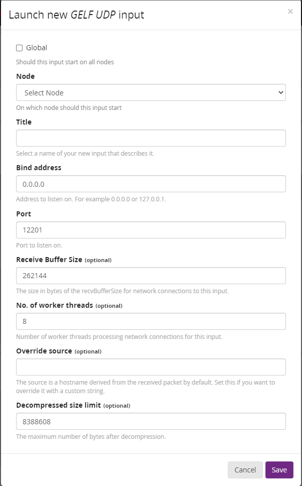 Launch new GELF UDP input