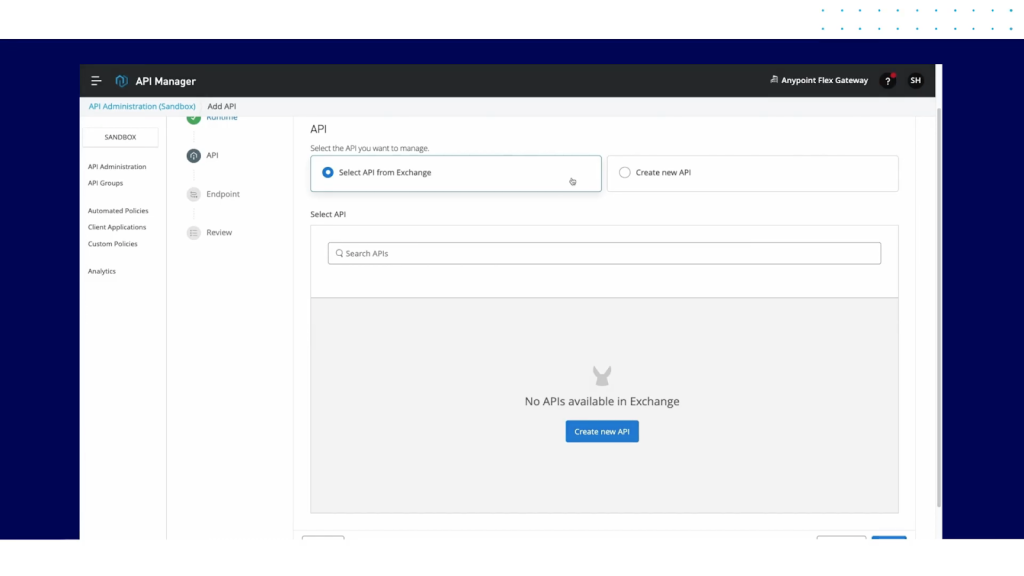 A screenshot of API Manager showing the Select API option.