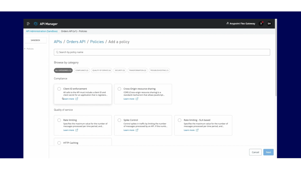A screenshot of the different policies in API Manager.